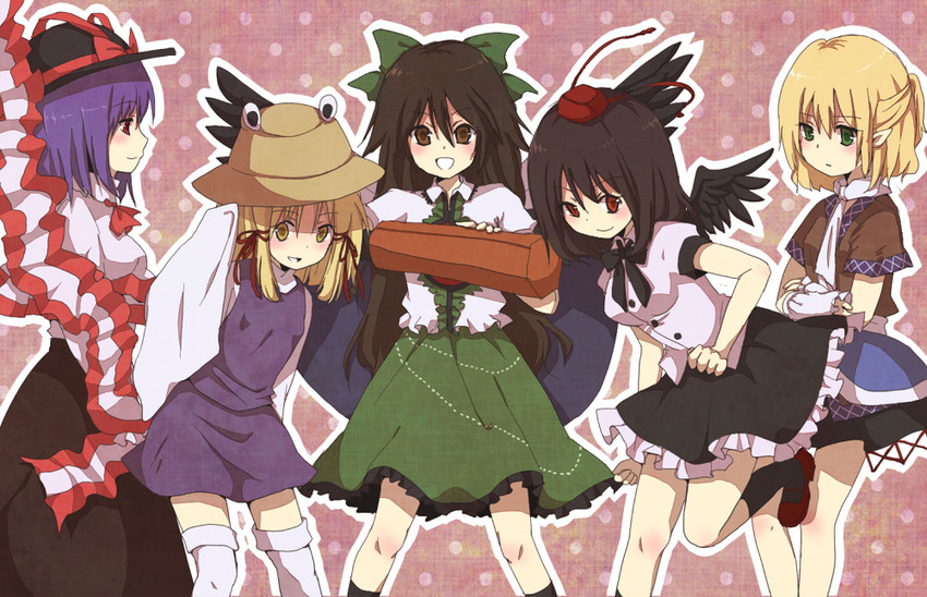 shameimaru aya, moriya suwako, reiuji utsuho, mizuhashi parsee, and nagae iku (touhou) drawn by satoimoya