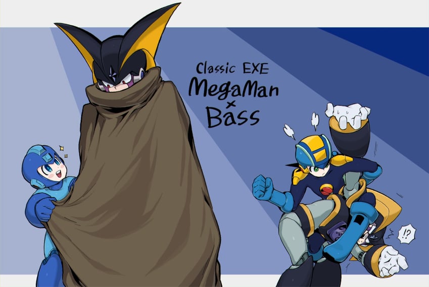 mega man, megaman.exe, bass, and bass.exe (mega man and 1 more) drawn by tonpukuman