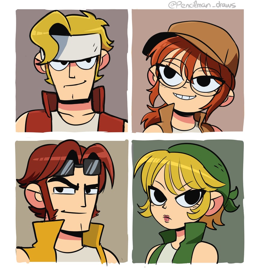 fio germi, kasamoto eri, marco rossi, and tarma roving (scott pilgrim and 1 more) drawn by pencilman_draws