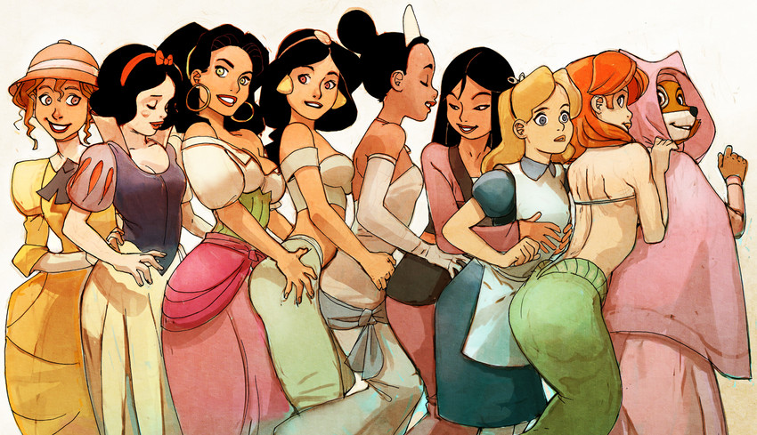ariel, snow white, jasmine, fa mulan, alice, and 4 more (disney and 10 more) drawn by joel_jurion