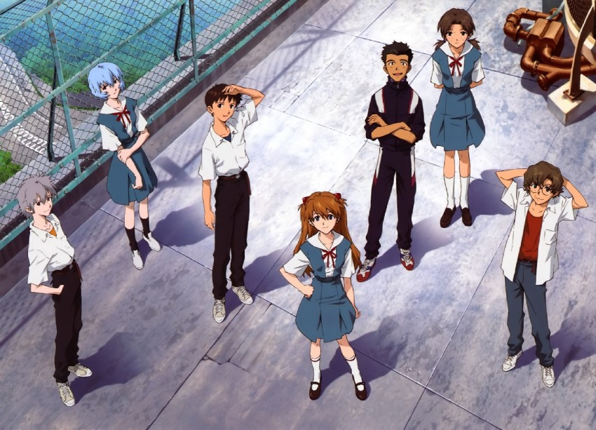 souryuu asuka langley, ayanami rei, ikari shinji, nagisa kaworu, aida kensuke, and 2 more (neon genesis evangelion and 2 more) drawn by sadamoto_yoshiyuki