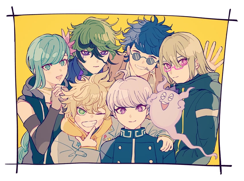yuma kokohead, shinigami, halara nightmare, vivia twilight, desuhiko thunderbolt, and 2 more (master detective archives: rain code) drawn by komechan_yg