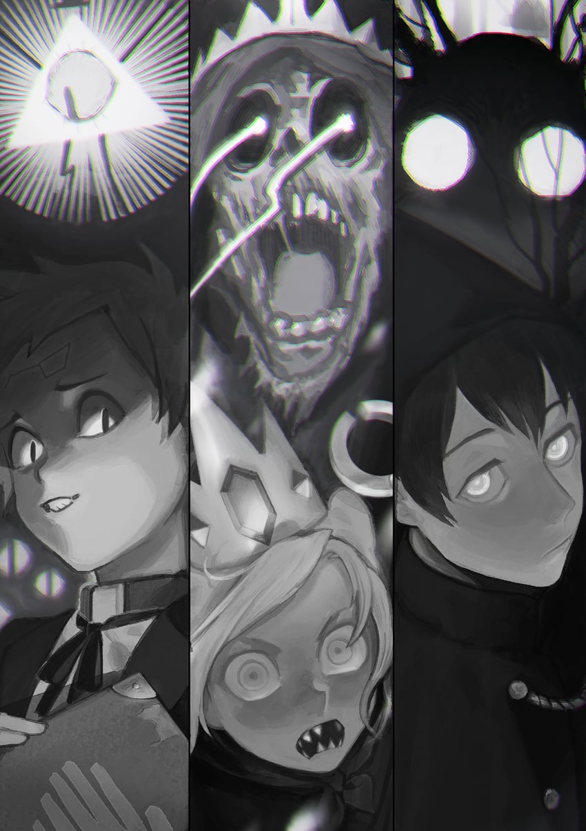 dipper pines, finn the human, bill cipher, wirt, bipper, and 4 more (adventure time and 2 more) drawn by zipperradio