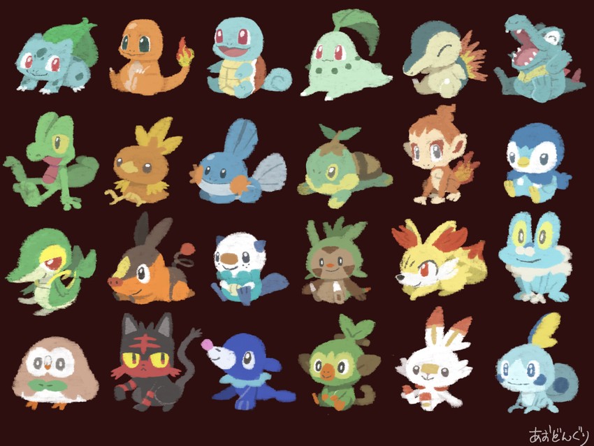 rowlet, piplup, bulbasaur, scorbunny, squirtle, and 18 more (pokemon) drawn by aodonguri