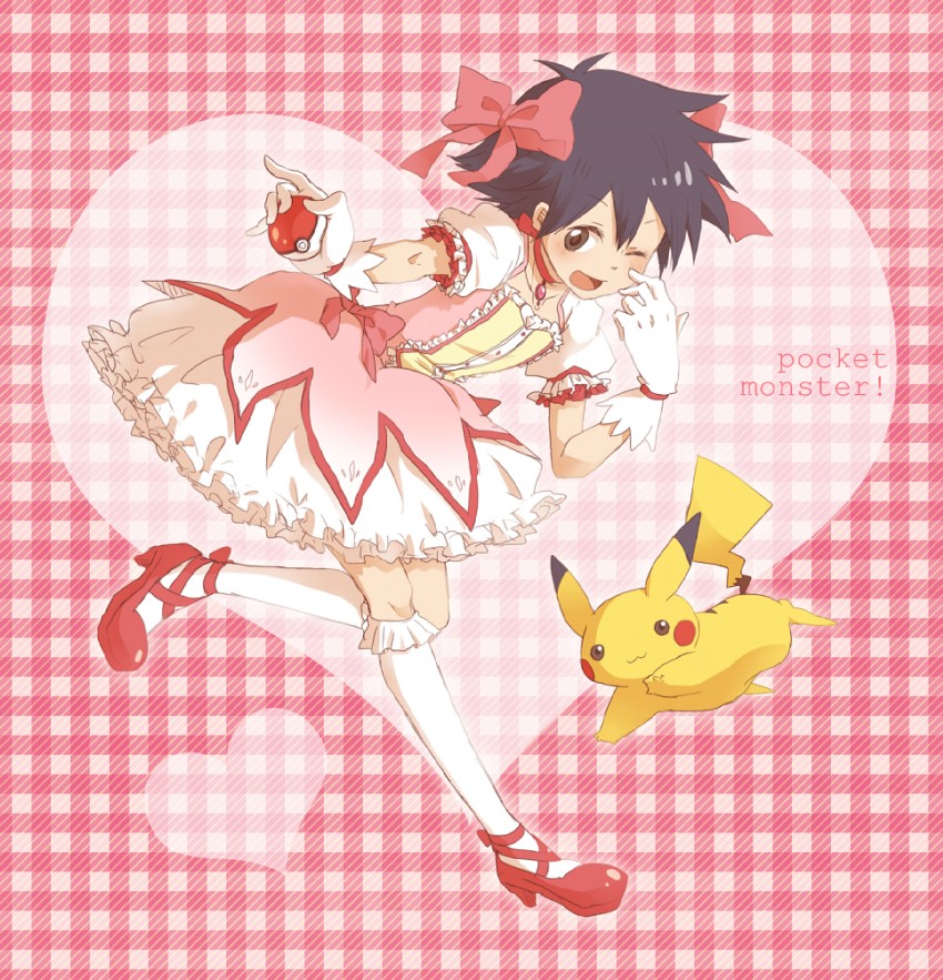 kaname madoka, pikachu, kyubey, and ash ketchum (pokemon and 1 more) drawn by mebae_(1o2o)