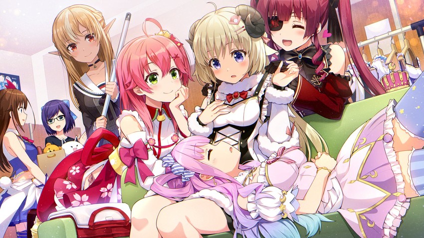 houshou marine, sakura miko, shiranui flare, tsunomaki watame, himemori luna, and 4 more (hololive) drawn by amagai_tarou