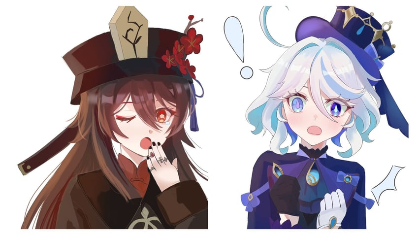 hu tao and furina (genshin impact) drawn by sura_(sra_975)