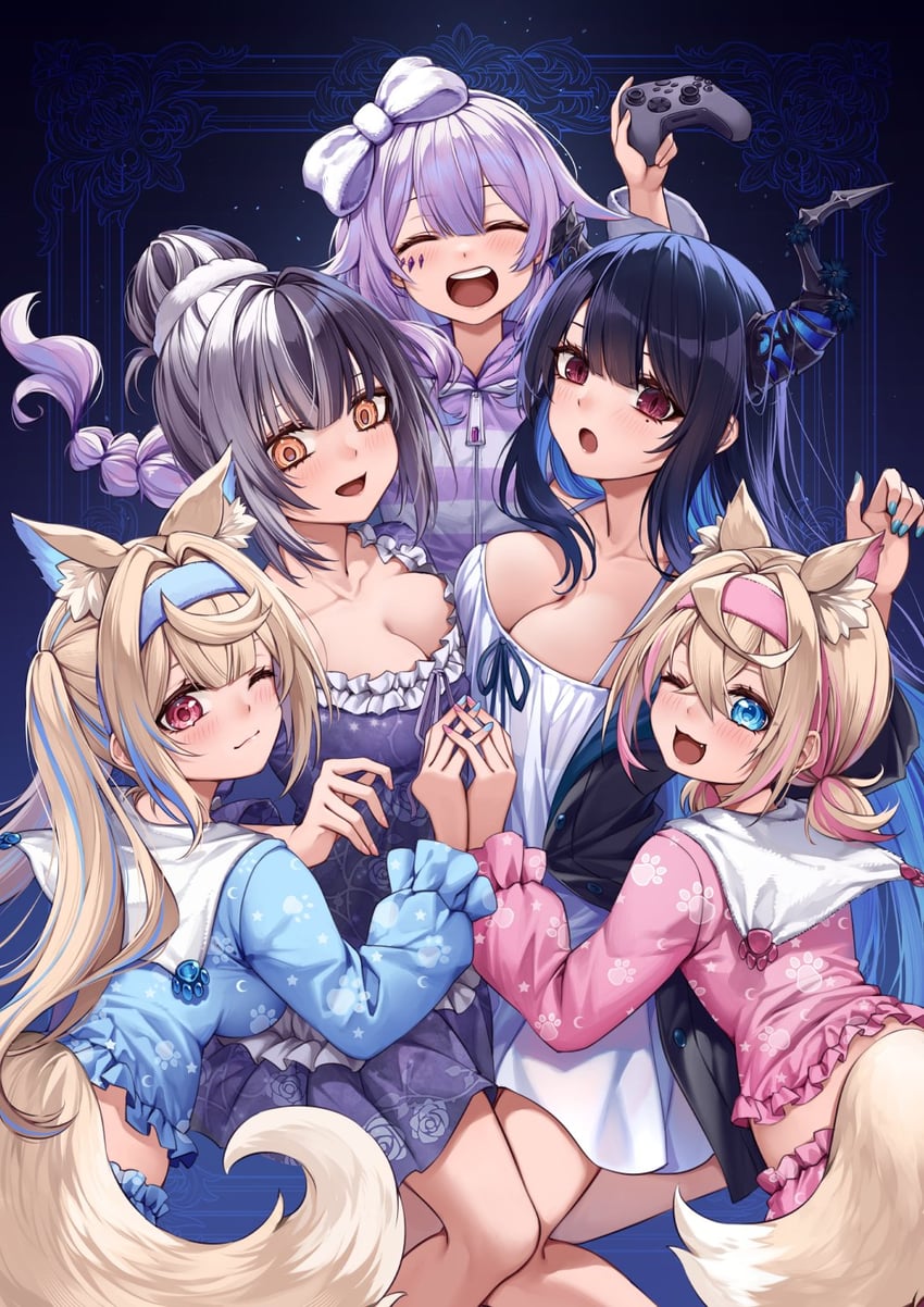 shiori novella, nerissa ravencroft, fuwawa abyssgard, mococo abyssgard, and koseki bijou (hololive and 1 more) drawn by curry_bowl
