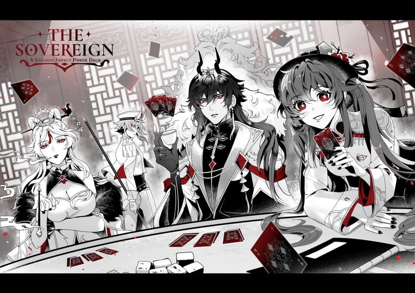 hu tao, zhongli, xiao, ningguang, and rex lapis (genshin impact) drawn by 00_pura and sovereignteam