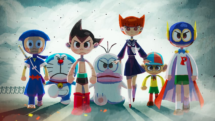 doraemon, atom, sakura mami, q-tarou, kaibutsu tarou, and 3 more (doraemon and 5 more) drawn by hyogonosuke