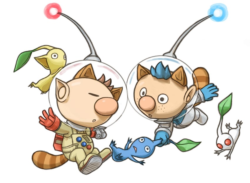 olimar, yellow pikmin, blue pikmin, white pikmin, and alph (mario and 2 more) drawn by naru_(wish_field)