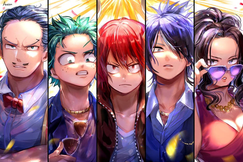 midoriya izuku, todoroki shoto, yaoyorozu momo, kirishima eijiro, and iida tenya (boku no hero academia) drawn by anezu