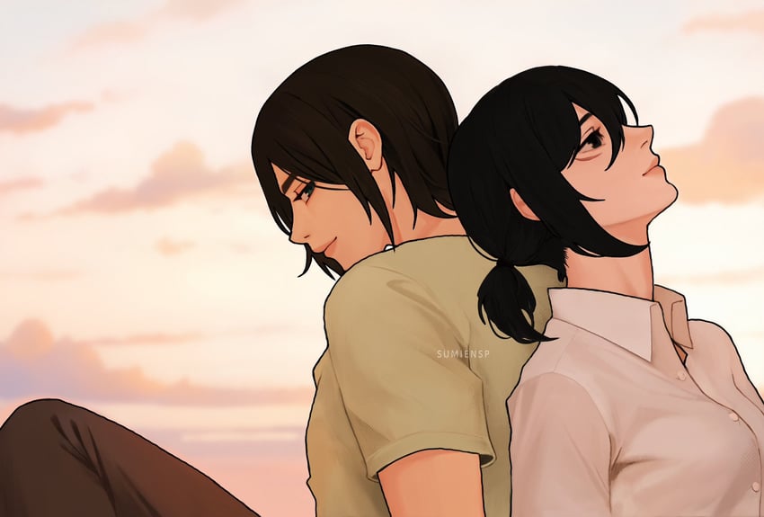 mikasa ackerman and eren yeager (shingeki no kyojin) drawn by sumiensp