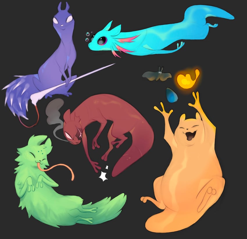 rivulet, spearmaster, artificer, saint, gourmand, and 1 more (rain world) drawn by kipkune
