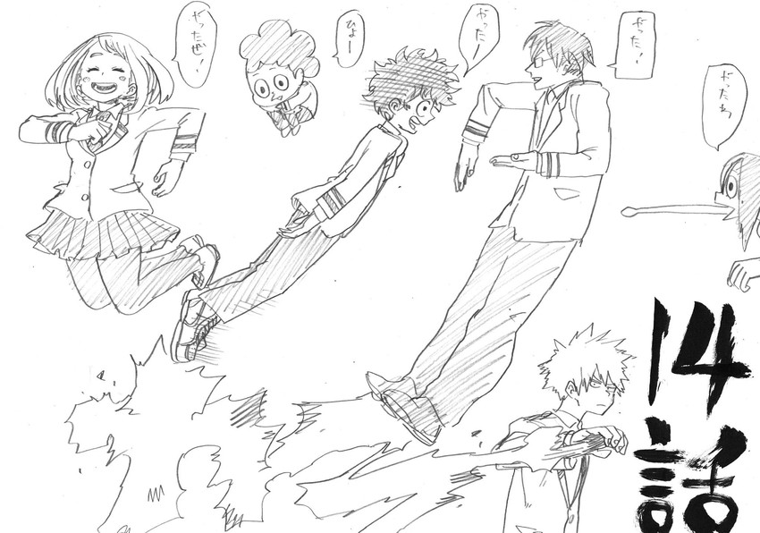 midoriya izuku, uraraka ochaco, bakugou katsuki, asui tsuyu, iida tenya, and 1 more (boku no hero academia) drawn by horikoshi_kouhei