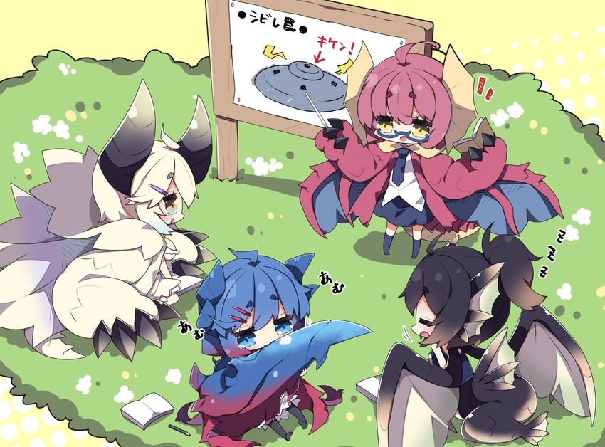 yian kut-ku, glavenus, shagaru magala, and plesioth (monster hunter) drawn by milkpanda