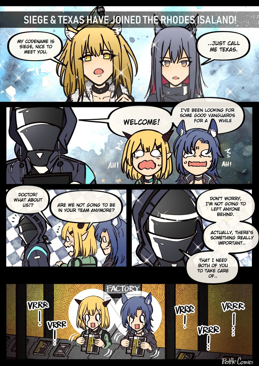 doctor, texas, siege, fang, and vanilla (arknights) drawn by bottle_(bottle1234)