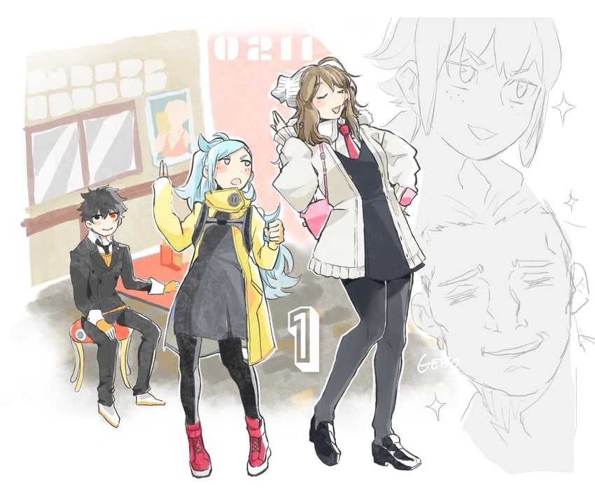 okiura mizuki, ryuki kuruto, matsushita ota, chieda kizuna, and twining lien (ai the somnium files and 1 more) drawn by gebodyabo
