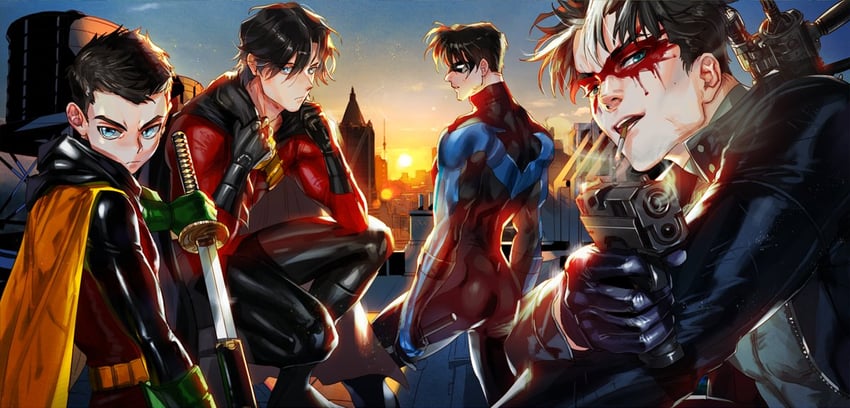 robin, dick grayson, jason todd, nightwing, red hood, and 3 more (dc comics and 1 more) drawn by g0ringo