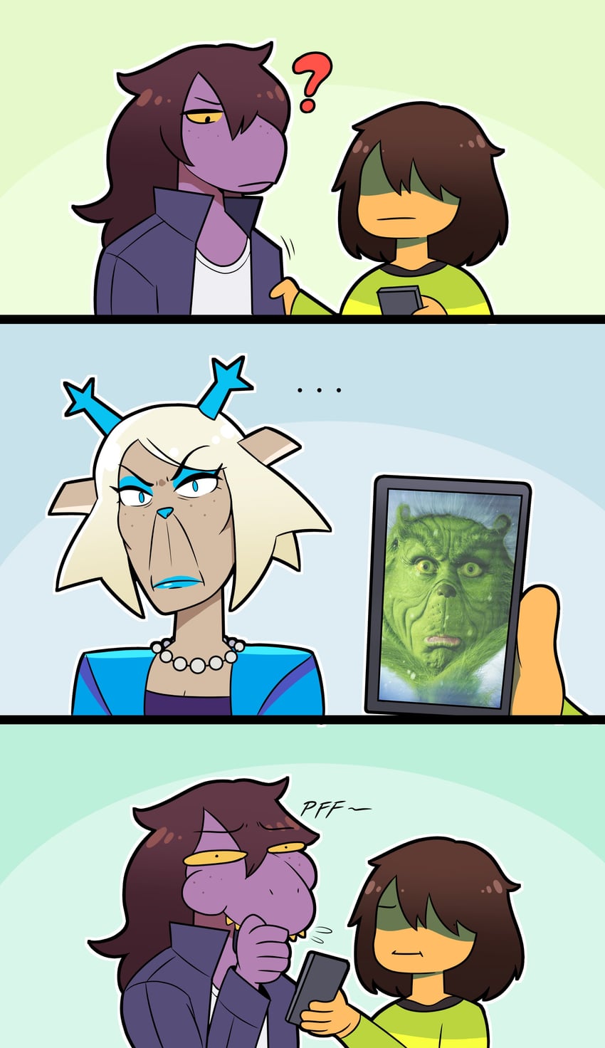 kris, susie, the grinch, and carol holiday (deltarune and 1 more) drawn by andreola_muller