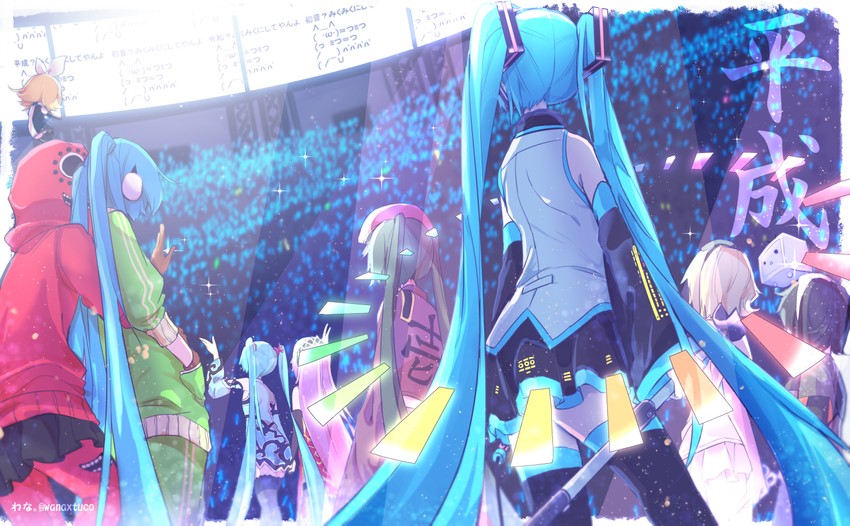 hatsune miku, kagamine rin, megurine luka, gumi, and terebi-chan (vocaloid and 9 more) drawn by wanaxtuco