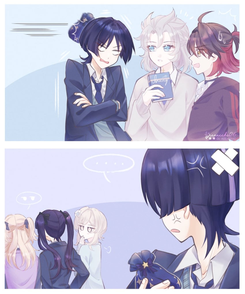 lumine, scaramouche, mona, fischl, albedo, and 1 more (genshin impact) drawn by renacchi06