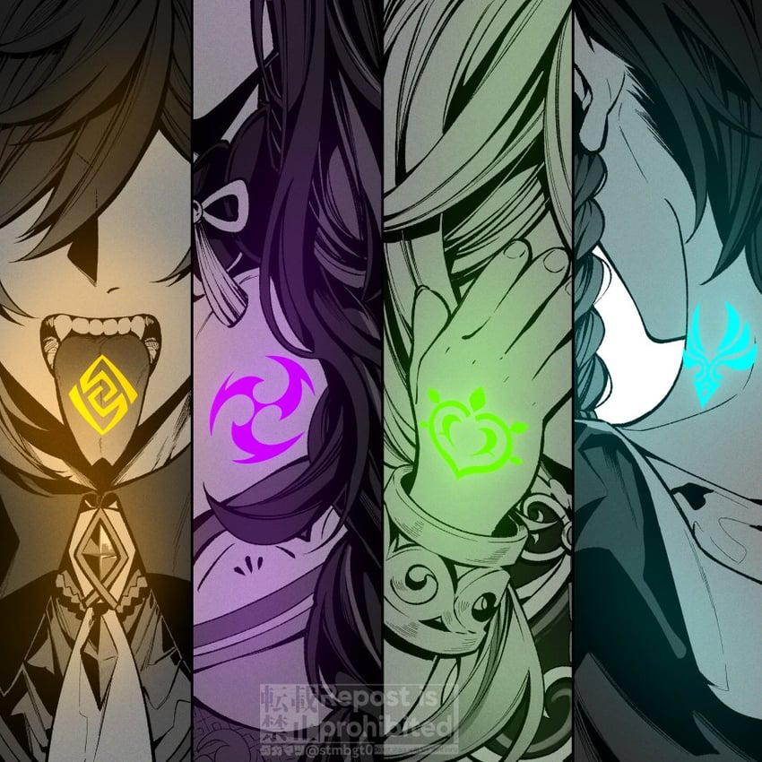 raiden shogun, nahida, zhongli, and venti (genshin impact) drawn by takamatsu_(yamajiai)