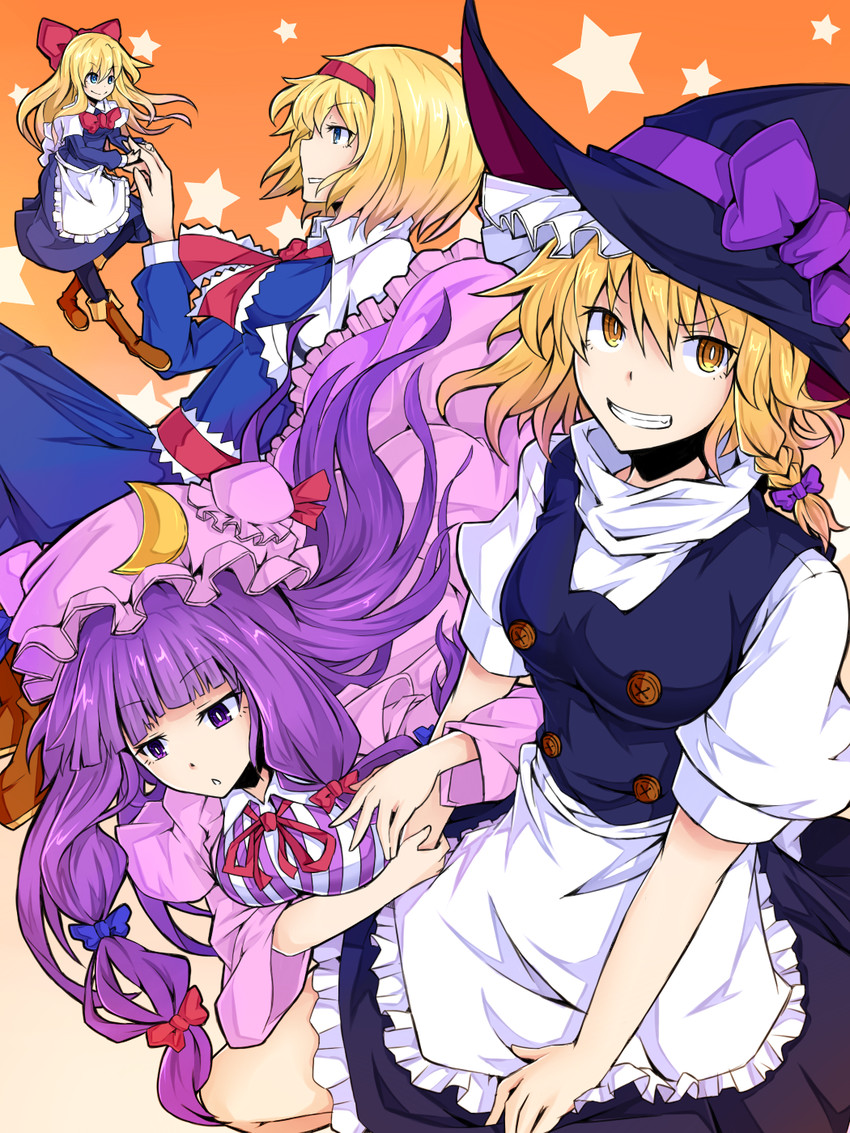 kirisame marisa, alice margatroid, patchouli knowledge, and shanghai doll (touhou) drawn by ishimu