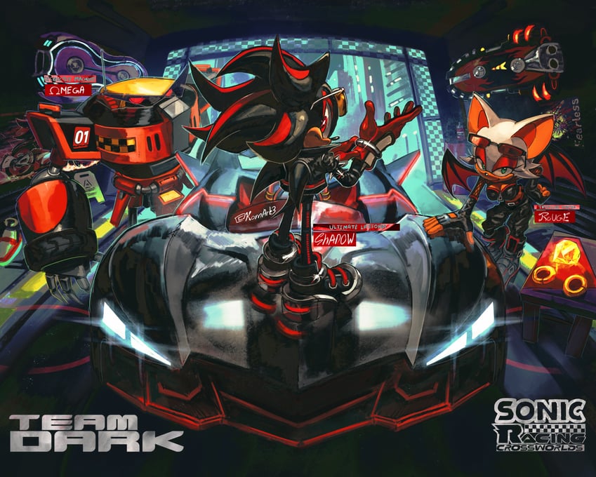 shadow the hedgehog, rouge the bat, and e-123 omega (sonic and 1 more) drawn by kornart