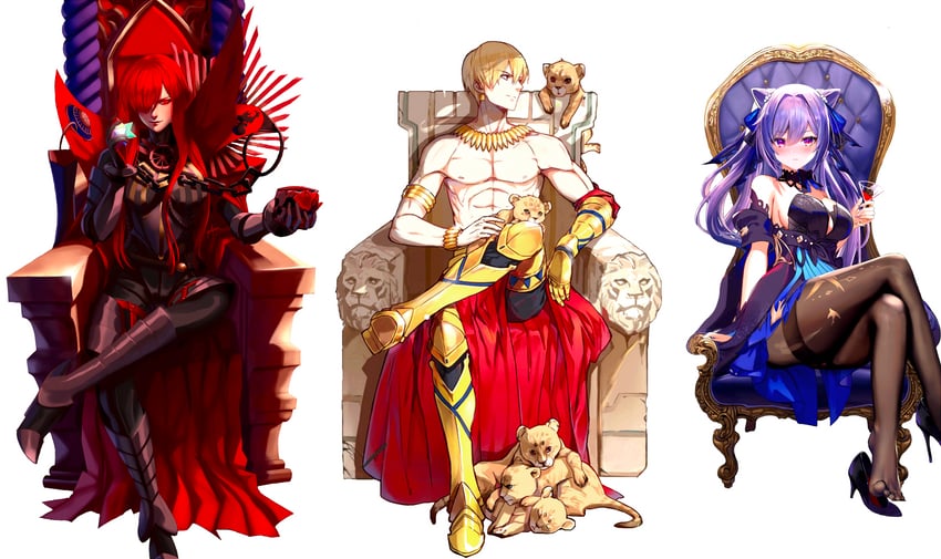 keqing, gilgamesh, and oda nobunaga (fate and 3 more) drawn by jun_ling, kouichi09, and niduannowu