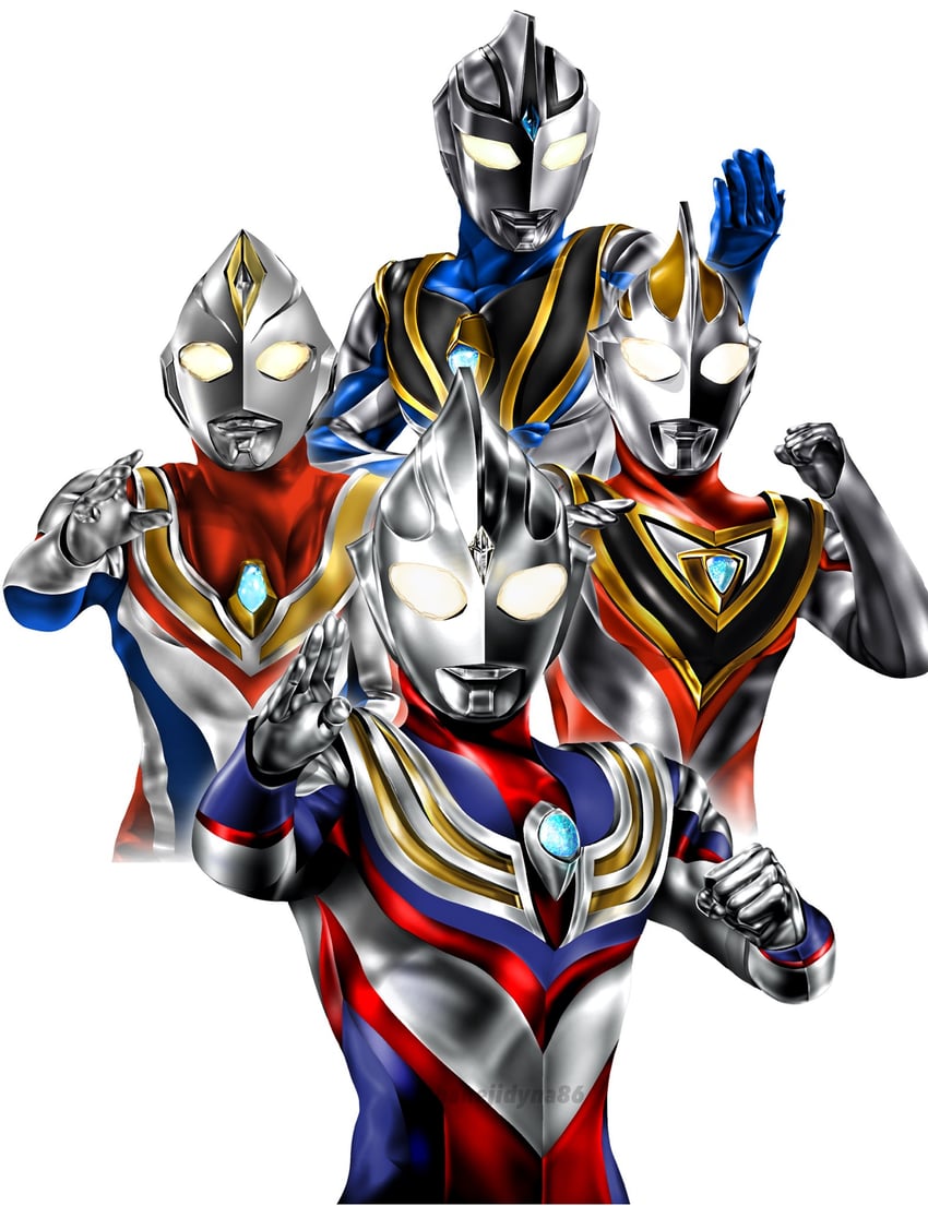 ultraman tiga, ultraman gaia, ultraman agul, and ultraman dyna (ultra series and 3 more) drawn by hanejidyna86