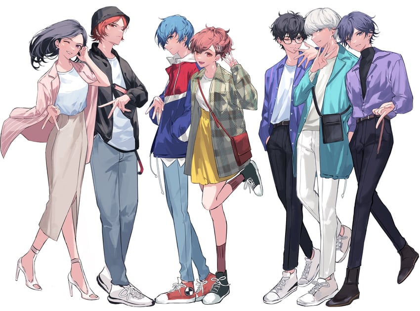 narukami yu, yuuki makoto, amamiya ren, shiomi kotone, suou tatsuya, and 2 more (persona and 8 more) drawn by mnce_o