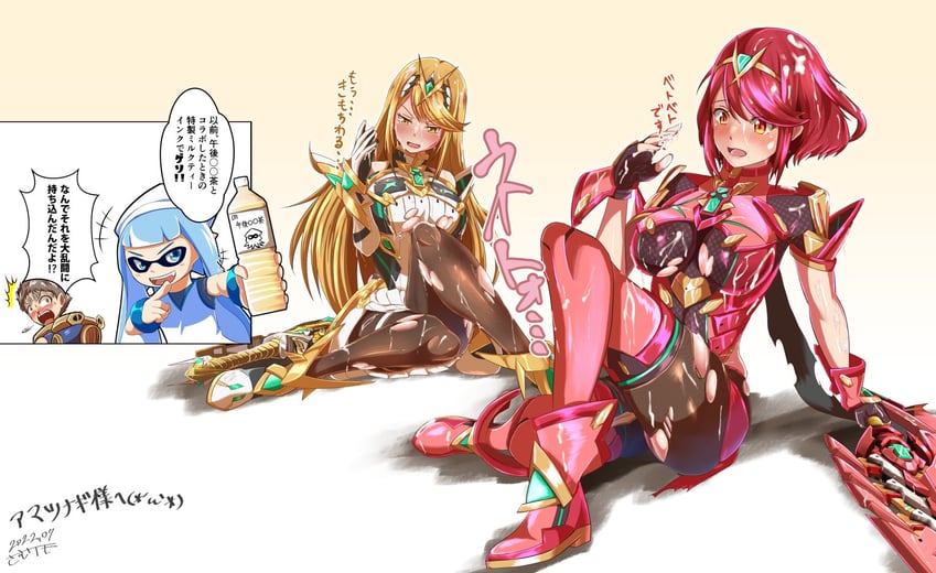 inkling player character, inkling girl, pyra, ikamusume, rex, and 1 more (splatoon and 4 more) drawn by samu_poteto