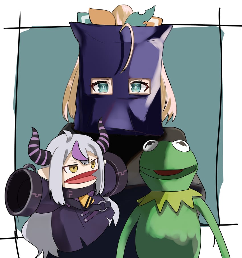 la+ darknesss, kazama iroha, and kermit the frog (hololive and 2 more) drawn by futoshi_tanaka