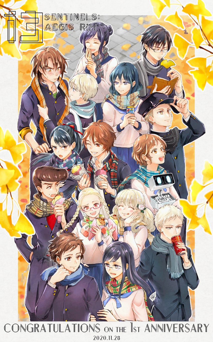 okino tsukasa, hijiyama takatoshi, fuyusaka iori, yakushiji megumi, shinonome ryouko, and 11 more (juusan kihei bouei ken) drawn by naramoto