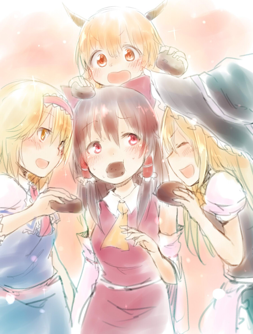 hakurei reimu, kirisame marisa, alice margatroid, ibuki suika, uzuki, and 3 more (touhou and 1 more) drawn by marutoman_chuui