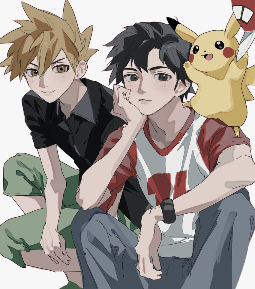 pikachu, red, and blue oak (pokemon and 1 more) drawn by sekaiitinoki