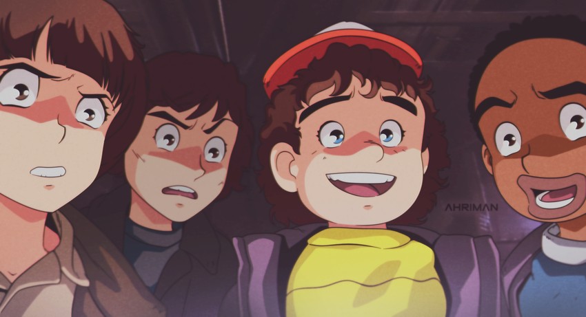 will byers, mike wheeler, lucas sinclair, and dustin henderson (stranger things) drawn by dmitry_grozov