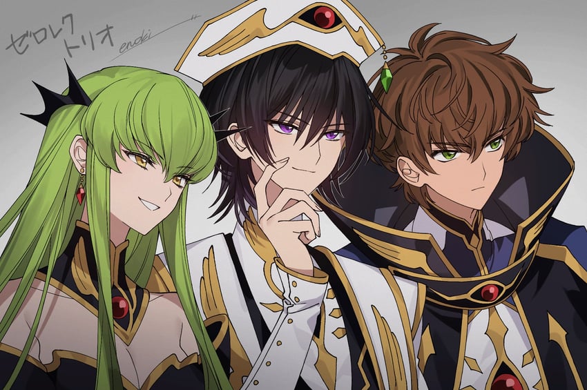 c.c., lelouch vi britannia, and kururugi suzaku (code geass) drawn by enoki_3106