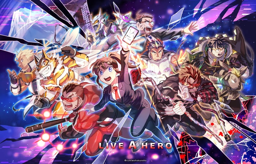 ryekie, female protagonist, santetsu, huckle, exio, and 4 more (live a hero) drawn by sumi_wo_hakuneko