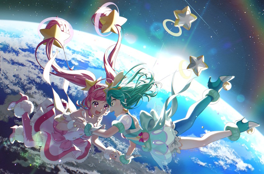 hagoromo lala, hoshina hikaru, cure milky, and cure star (precure and 1 more) drawn by yupiteru