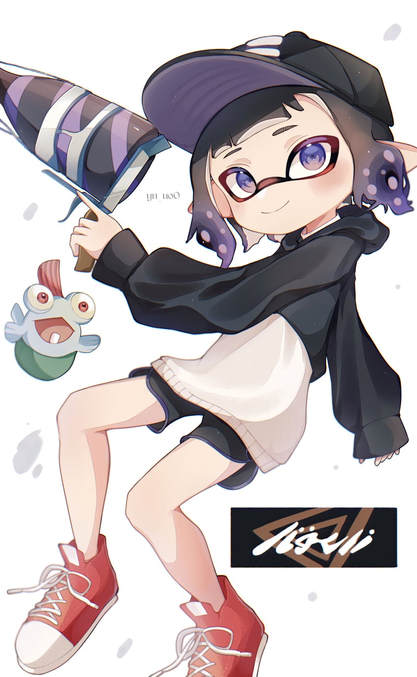 inkling player character, inkling girl, and smallfry (splatoon and 1 more) drawn by yn_uo0