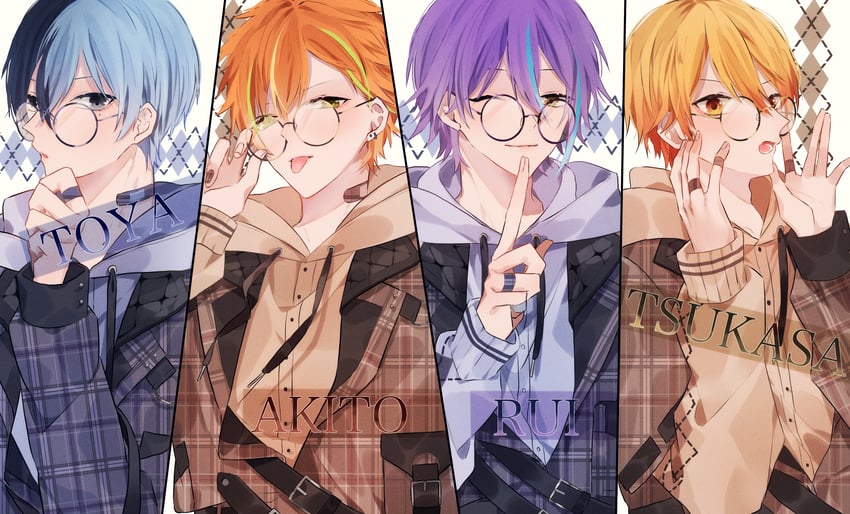 tenma tsukasa, kamishiro rui, shinonome akito, and aoyagi touya (project sekai) drawn by mota42-xx