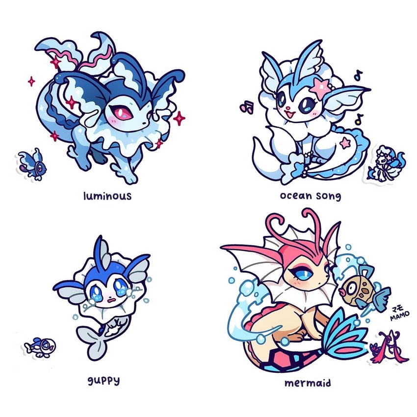 vaporeon, milotic, primarina, wishiwashi, lumineon, and 1 more (pokemon) drawn by mamobot
