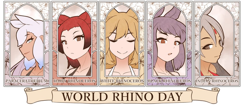 white rhinoceros, black rhinoceros, indian rhinoceros, paraceratherium, and sumatran rhinoceros (kemono friends) drawn by kawanami_eito