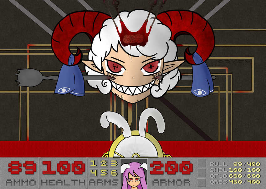 reisen udongein inaba, toutetsu yuuma, and icon of sin (touhou and 2 more) drawn by jarkem
