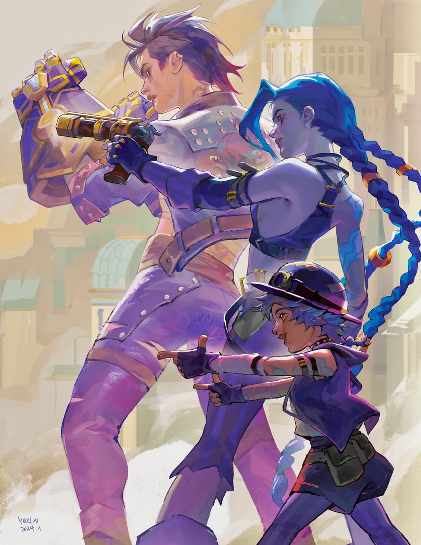 jinx, vi, arcane jinx, arcane vi, and isha (league of legends and 1 more) drawn by yukinnn