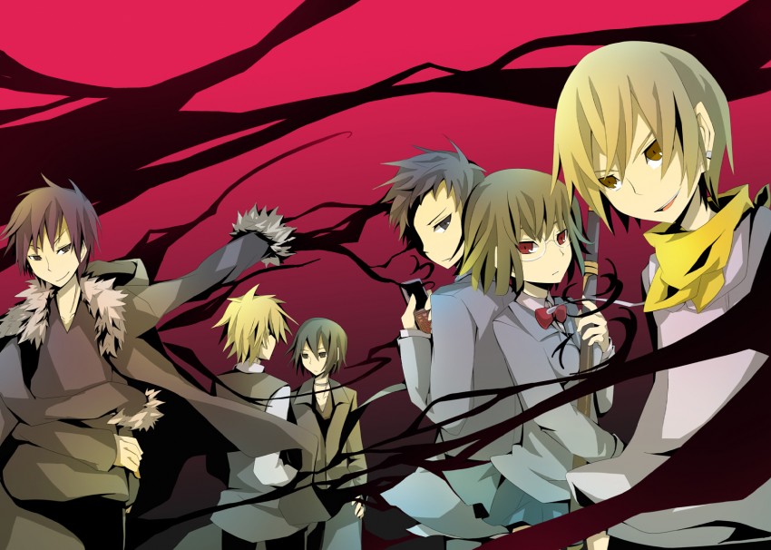orihara izaya, sonohara anri, heiwajima shizuo, ryuugamine mikado, kida masaomi, and 1 more (durarara!!) drawn by salumak