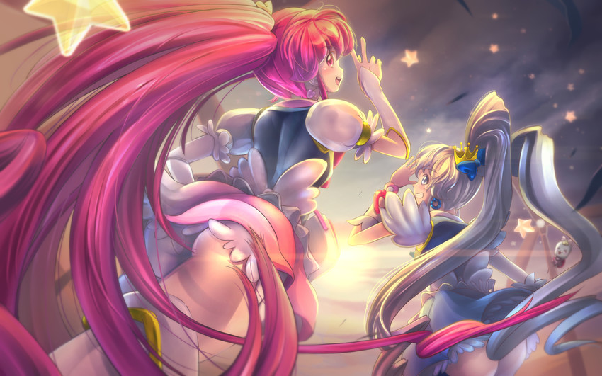 shirayuki hime, aino megumi, cure lovely, cure princess, and ribbon (precure and 1 more) drawn by pakupaku_choppu