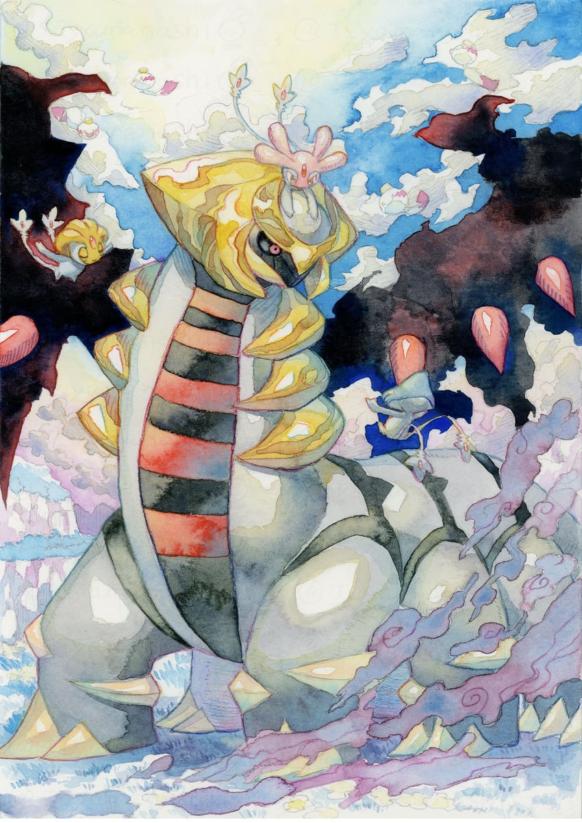 giratina, chimecho, mesprit, azelf, and uxie (pokemon) drawn by yamanashi_taiki